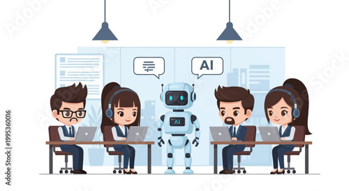 Chibi style office workers using laptops and headsets while collaborating with a white humanoid robot in a modern workspace with speech bubbles and artificial intelligence icons.