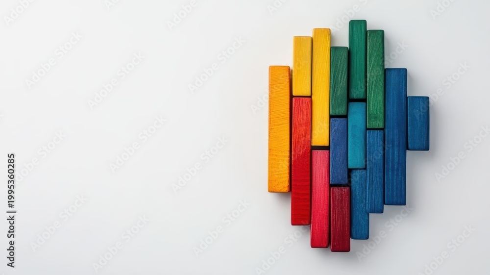 Fototapeta premium Colorful wooden block wall art vibrant wooden blocks arranged on a plain white wall creating a visually appealing decorative piece