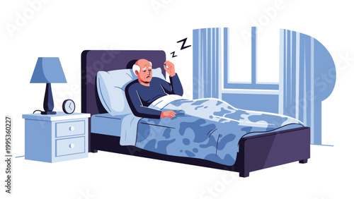 Elderly man lying in bed and struggling to fall asleep due to insomnia or discomfort, night scene with a bedside lamp and clock, flat vector illustration.