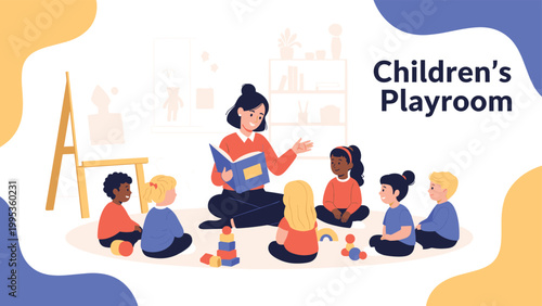 Kindergarten teacher sitting on the floor and reading an engaging book to a group of attentive diverse children in a colorful playroom, flat vector.