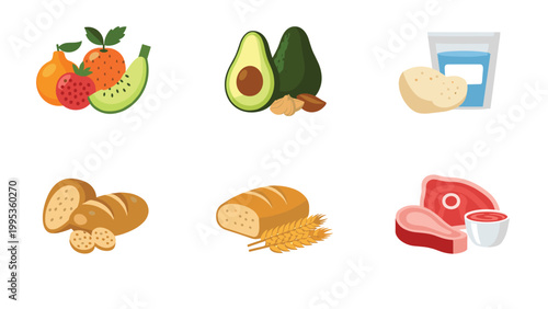 Collection of healthy food groups including fruits, vegetables, grains, protein, and water for a balanced daily diet.