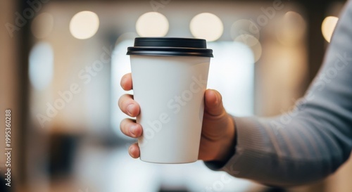 A person holding a white coffee cup with a black lid