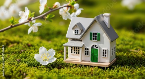 A small white house model with green shutters and door on moss with flowers