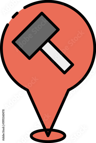 Location Pin Icon with Hammer Symbolizing Construction or Repair Services