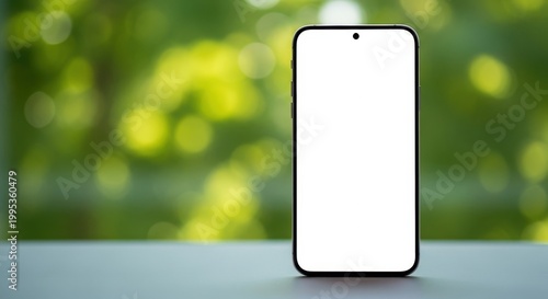 A smartphone with a blank screen stands on a table outdoors