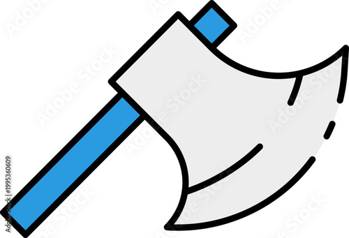 A simple flat design illustration of an axe with a blue handle and a silver-grey head, perfect for representing tools and industry