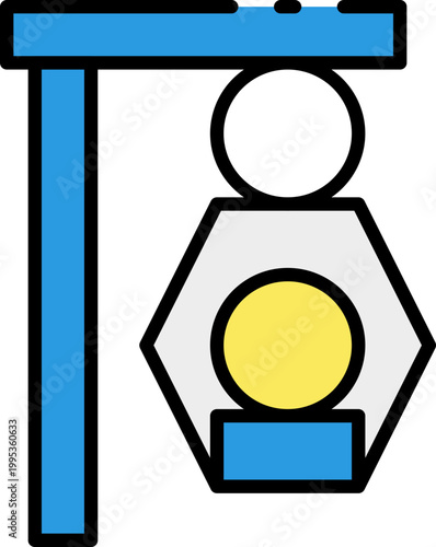 Simple illustration of a blue and gray hanging lamp with a yellow circle inside, symbolizing light and illumination, perfect for design projects