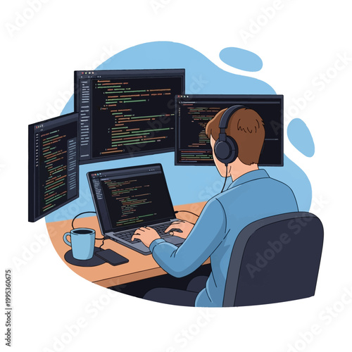 Flat vector illustration of a male software engineer wearing headphones coding on a laptop with three external monitors showing programming script, a coffee mug, and a smartphone.