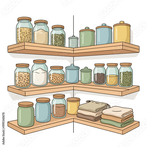 Tidy sustainable pantry corner with open shelves reusable containers ceramic canisters and cloth produce bags in cartoon flat vector style isolated on white background