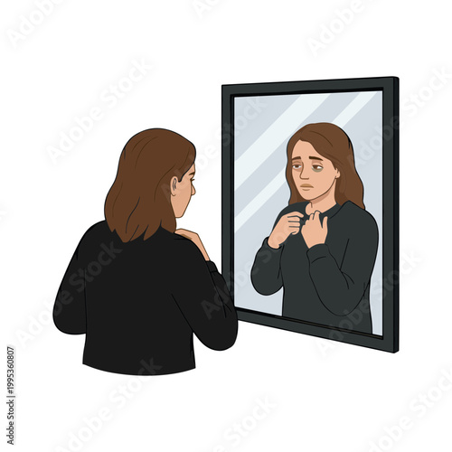 A woman examines herself in a mirror adjusting her attire closely.