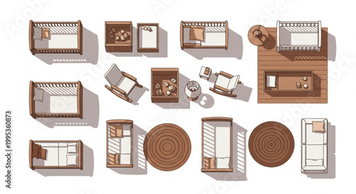 Top View Nursery Room Vector Set with Cribs Rocking Chairs Toy Boxes Shelves Rugs and Lamps for Baby Room Floor Plans