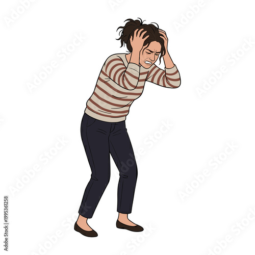 A woman appears stressed while standing alone indoors wearing casual clothes.