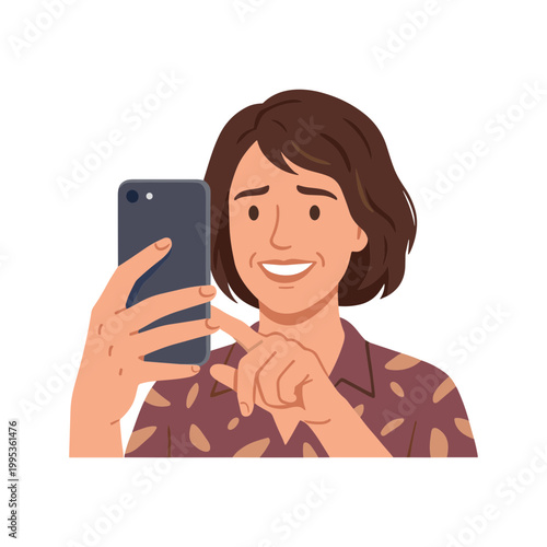 Woman smiling and pointing at her smartphone screen with her finger