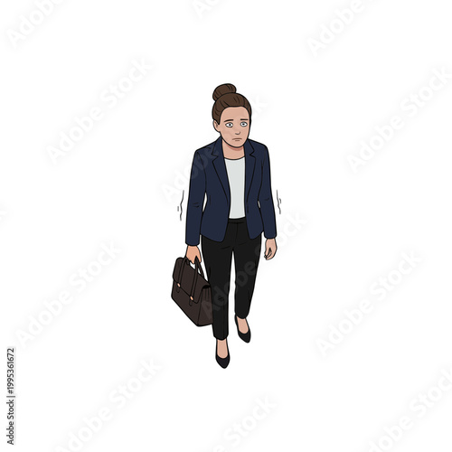 A businesswoman walks confidently outdoors with a briefcase in hand.
