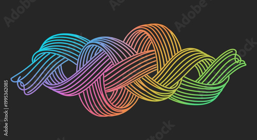 Vibrant colorful gradient line art knot on black background a dynamic and interconnected abstract