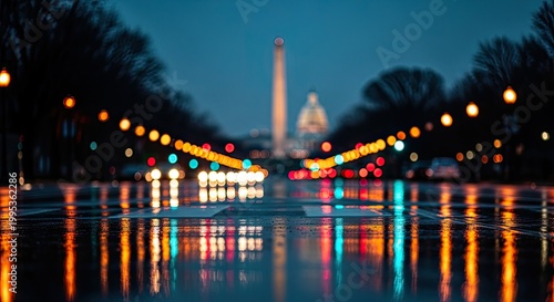 Washington Monument and Reflecting Pool at Night with Colorful Lights.