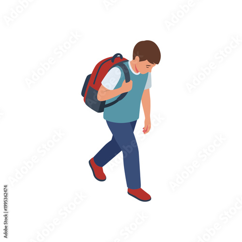 A young boy walks with a red backpack on his back looking down.