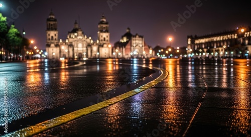 Puebla Cathedral and Zocalo at Night after Rain, Illuminated Cityscape with Wet Pavement Reflections.