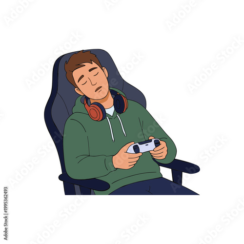 Man sitting in chair sleeping with headphones on and holding controller