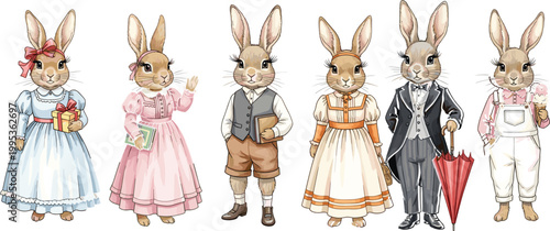 Charming anthropomorphic rabbit characters in Victorian costumes cute bunny family illustration whimsical dressed animals vintage style isolated collection set