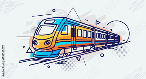 Modern minimalist graphic illustration of a high-speed passenger train traveling on railway tracks