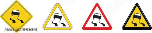 Photos Slippery road warning sign icon set featuring skidding car symbols