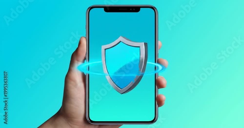 Hand holding smartphone displaying a security shield icon on a vibrant blue background
