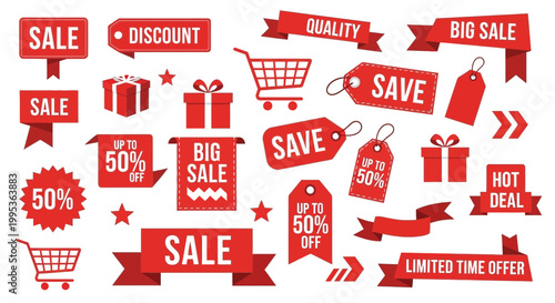 Red sale banners and discount tags isolated on white background