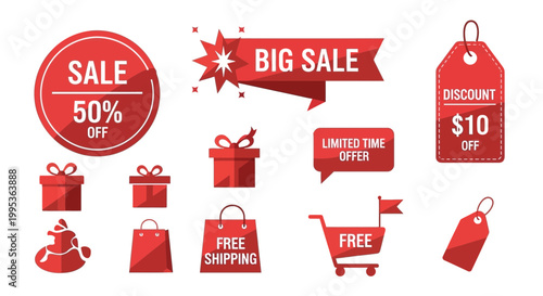 Red sale icons and promotional elements for commercial designs