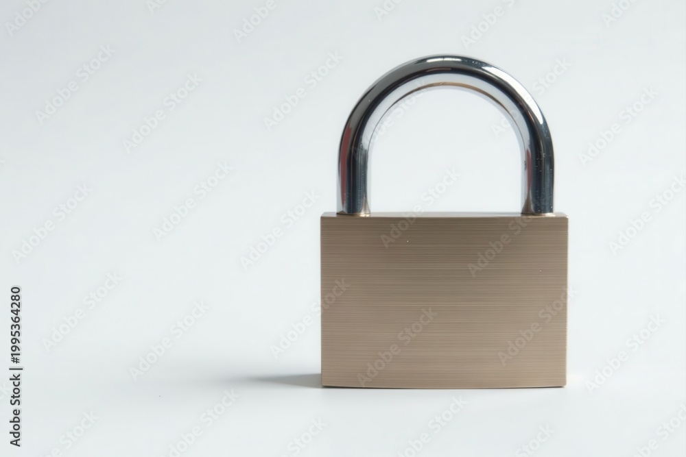 Fototapeta premium Closed padlock, shiny metal, white background, mechanism, tool, safeguard