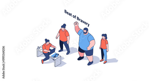 Isometric Illustration of Diverse People Celebrating Bravery and Success.