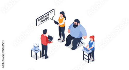 Isometric illustration of business team discussing patience and power concept.
