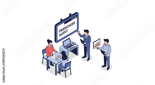 Isometric illustration of franchise agents discussing business strategy and plans.