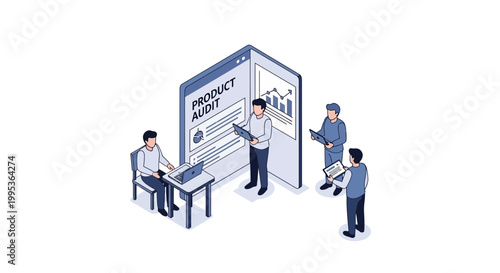Isometric illustration of business team conducting product audit analysis.