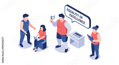 Isometric Illustration of Diverse People with Equality of Excellence Message.