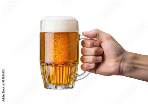 Adult hand holding a ribbed glass mug of golden lager with thick white foam against a transparent studio background refreshing beverage concept