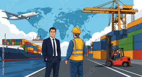 Illustration of a businessman and a warehouse worker standing on a dock with a cargo ship, containers, and a forklift in the background.