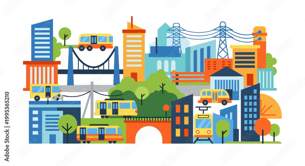 Naklejka premium Cityscape with buildings and bridge.