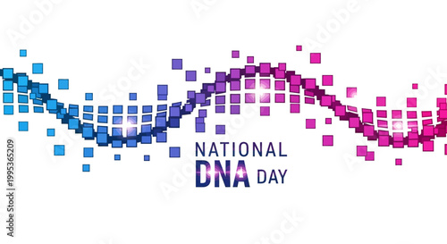Detailed vector illustration celebrating National DNA Day, showcasing a stylized DNA helix structure formed by interconnected blue and purple squares, set against a clean white background
