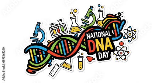 A colorful vector illustration celebrates National DNA Day, showcasing a stylized DNA helix structure surrounded by laboratory equipment like microscopes and test tubes, all set