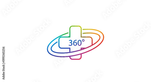 Abstract 360 degree plus symbol with orbital lines in rainbow gradient design