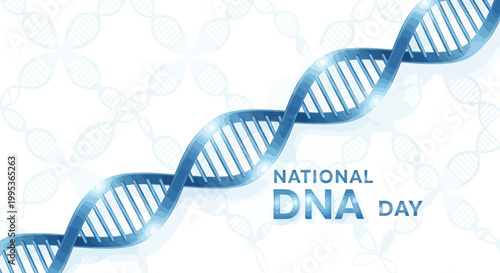 On a bright white background, a blue DNA helix structure, a scientific illustration celebrating National DNA Day, highlights the importance of genetics research and genome sequencing