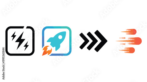 Speed and power icons set, fast movement symbols collection, lightning bolt, rocket launch, chevron arrows, fire streaks, performance boost concept, acceleration energy signs, startup technology.