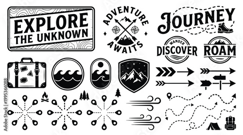 Adventure and travel icon set, explore the unknown, adventure awaits, journey, discover, roam badges, vintage camping symbols, mountain, suitcase, backpack, tent, waves, map pin, arrows, outdoor logo