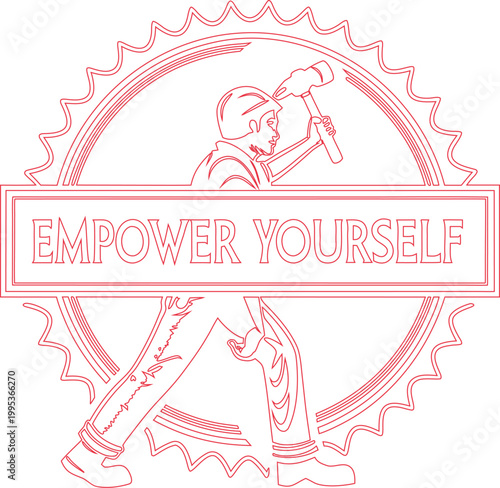 Dynamic red outline illustration of a person holding a hammer with Empower Yourself message