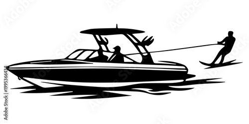 Silhouette of a Modern Speedboat Pulling a Water Skier, Summer Water Sports Vector Illustration