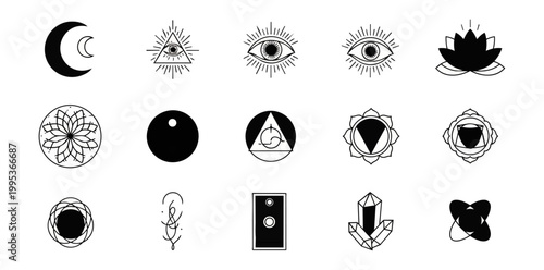 Abstract minimalist symbols collection with moon eye triangle flower shapes on black background