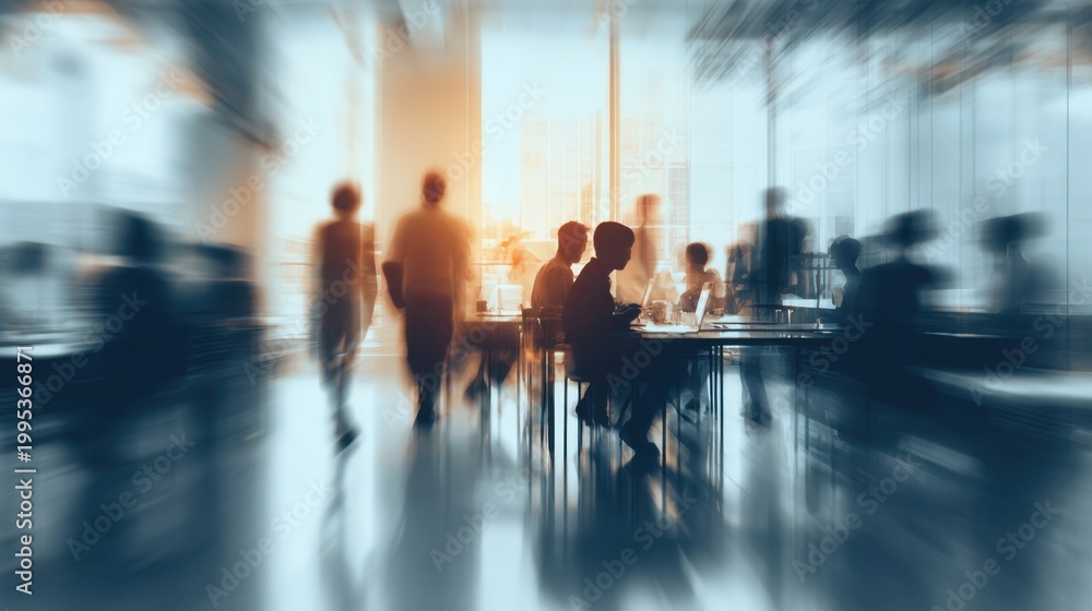 Obraz premium Blurry Business Gathering: A modern office space comes alive with the subdued activity of multiple workers. Suggesting dynamic collaboration, the image is blurred to emphasize motion and depth.