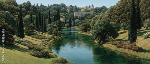 Oil painting style landscape featuring a winding river flowing through a lush green valley with cypress trees and a classic mansion on a distant hill under a blue sky