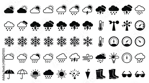 Weather icon set, meteorology symbols collection, sun, cloud, rain, lightning, snow icons, thermometer, wind gauge, barometer signs, climate forecasting vector graphics, weather app UI elements